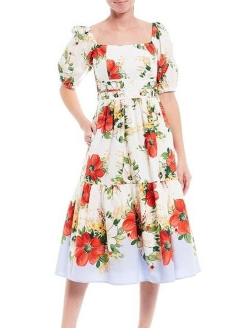 Vince Camuto White Midi Dress with Red Floral Print